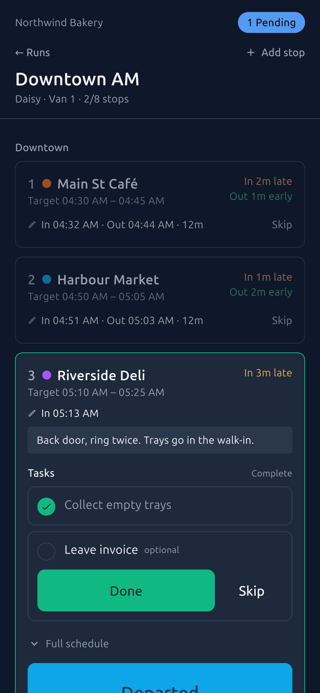 The driver app with a task marked done while offline, shown as pending