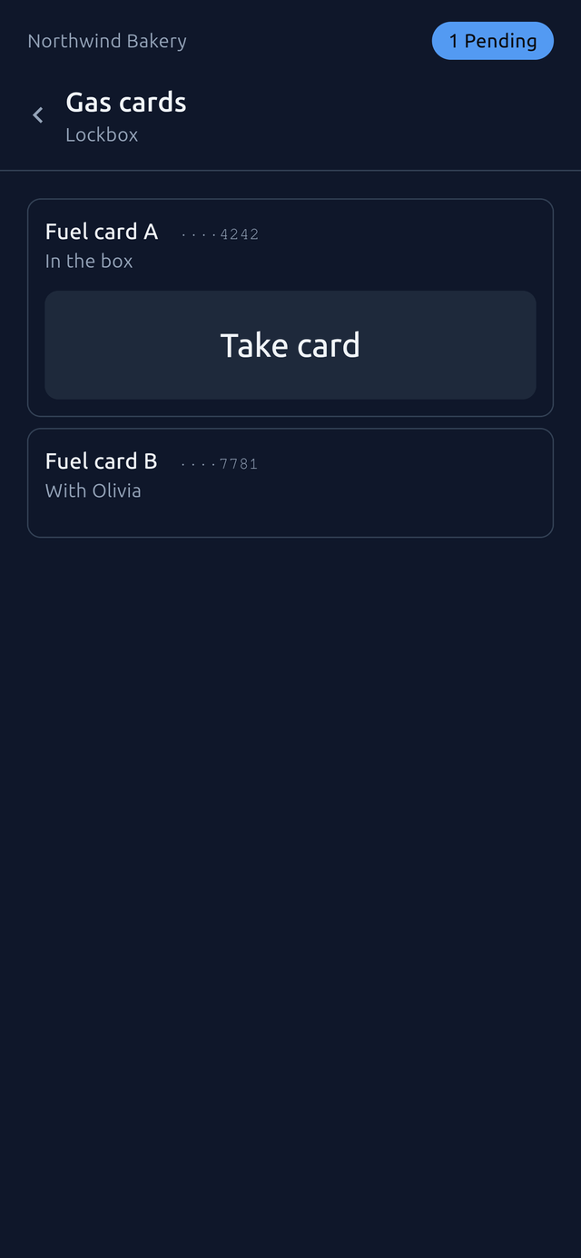 The gas card lockbox, one card out with another driver